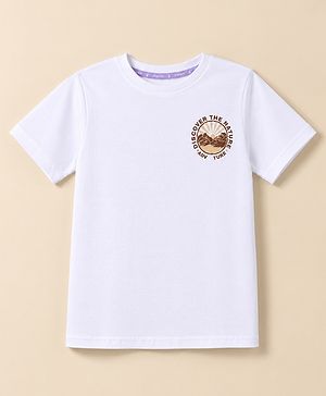 Pine Kids 100% Cotton Knit Oversized T-Shirt with Half Sleeves and Nature Print - White