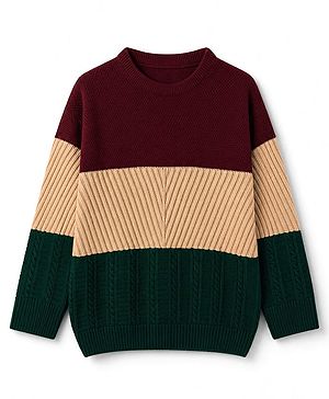 Pine Kids Knit Full Sleeves Pullovers With Cable KNit Design - Maroon