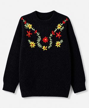 Pine Kids Pullover with Full Sleeves and Floral Embroidery in Black