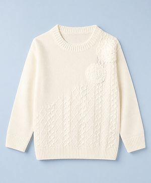 Pine Kids Cable Knit Pullover with Full Sleeves and Floral Embroidery in Offwhite