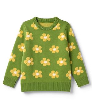 Pine Kids Knit Full Sleeves Pullover with Flower Design - Green