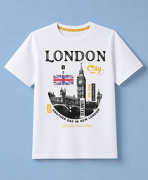 Pine Kids Cotton Knit Half Sleeves T-Shirt with London City Print - White
