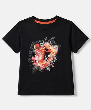 Pine Kids Cotton Knit T-Shirt with Half Sleeves and Basketball Player Print - Black