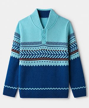 Pine Kids Knit Full Sleeves Pullover with Geometric Design - Blue