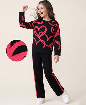 Pine Kids Knit Full Sleeves Sweater Set with Heart Design - Black