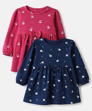 Babyhug Single Jersey Knit Full Sleeves Frock with Floral Print in Red & Blue Pack of 2