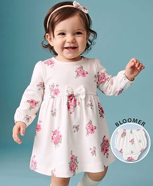 Babyhug Single Jersey Knit Full Sleeves Frock and Bloomer with Bow Applique & Floral Print - White