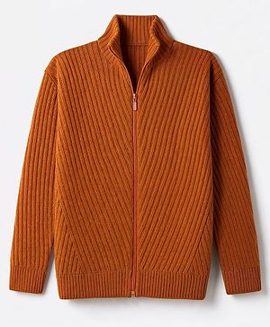 Pine Kids Knit Full Sleeves Front Open Sweater - Rust Orange