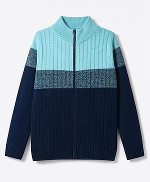 Pine Kids Knit Full Sleeves Front Open Sweater with Color Block Design - Navy Blue