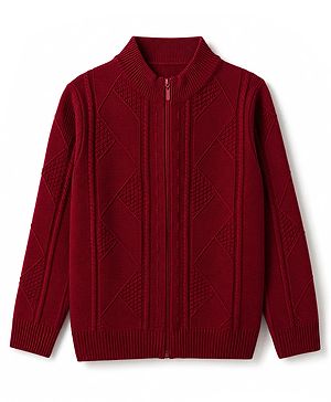 Pine Kids Knit Full Sleeves Front Open Sweater - Maroon