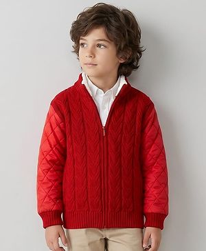 Pine Kids Knit Full Sleeves Quilted Front Open Sweater with Cable Knit Design in Red for 4-5 Years
