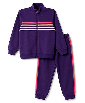 Pine Kids Looper Knit Full Sleeves Striped Winter Wear Suit - Navy Blue