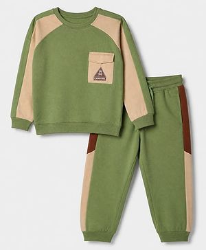 Pine Kids Looper Knit Full Sleeves Winter Wear Suit With Front Pocket & Campfire Text Print - Green