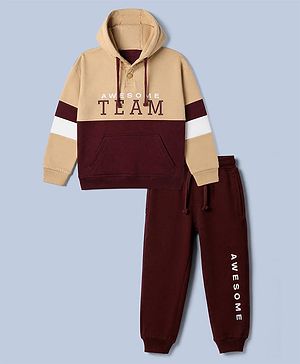 Pine Kids Cotton Knit Full Sleeves Winter Wear Suits With Awesome Team Text Print - Beige