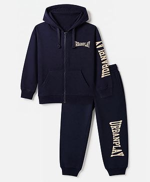 Pine Kids Looper Knit Full Sleeves Hooded Winter Wear Suit With Text Print - Navy Blue