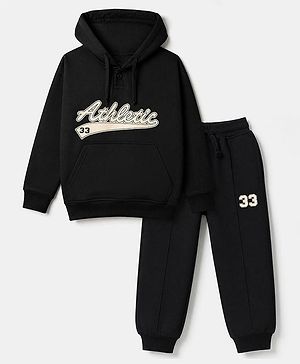 Pine Kids Cotton Looper Knit Full Sleeves Hooded Sweatshirt and Jogger with Athletic Patch - Black