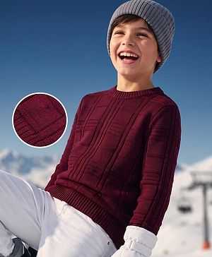 Pine Kids Knit Full Sleeves Solid Colour Pullover with Checkered Cable Knit Design - Wine