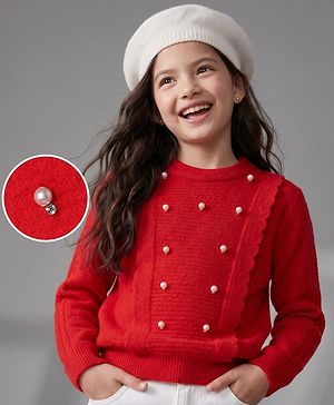 Pine Kids Pullover with Full Sleeves and Beads Applique in Red