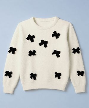 Pine Kids Knit Pullover with Full Sleeves and Bows Applique in Offwhite for 4-5 Years