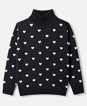 Pine Kids Knit Full Sleeves  Pullover with Heart Design - Black