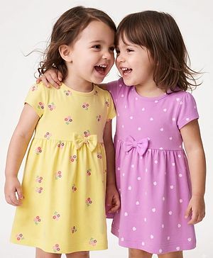 Babyhug Single Jersey Knit Half Sleeves Frocks with Floral & Hearts Print & Bow Applique Pack of 2 - Yellow & Pink