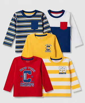 Babyhug 100% Cotton Knit Full Sleeves T-shirt With New York League Champs Print Pack of 5 in Red Yellow Blue