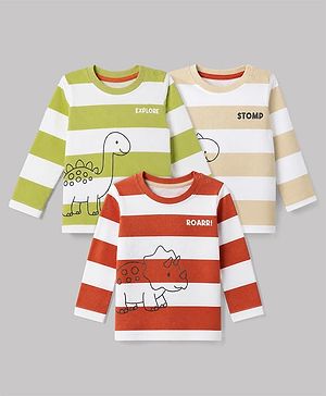 Babyhug 100% Cotton Knit Full Sleeves T-Shirt With Dinosaur Print Pack of 3 - Red Green Beige
