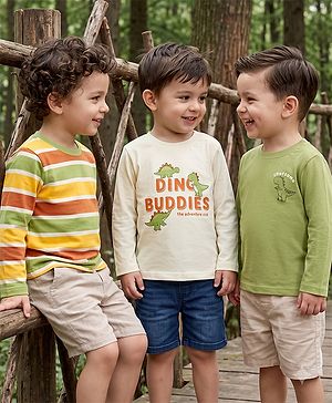 Babyhug 100% Cotton Knit Full Sleeves Striped T-Shirts with Roarsome Dinosaur & Ding Buddies Text Print Pack of 3 - Light Green Off White Yellow