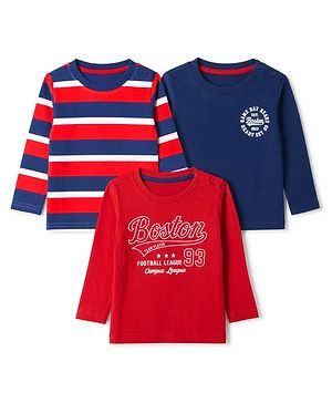 Babyhug 100% Cotton Knit Full Sleeves Striped T-Shirts with Boston Print Pack of 3 - Red Navy Blue
