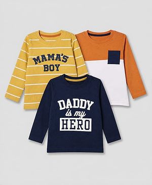 Babyhug 100% Cotton Knit Full Sleeves Tshirts With Daddy Is My Hero Print Pack Of 3 - Navy Blue Mustard & Orange