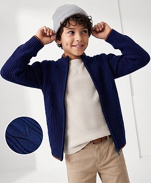 Pine Kids Knit Full Sleeves Front Open Sweater with Cable Knit Design - Blue