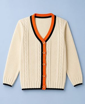 Pine Kids Knit Full Sleeves Front Open Sweaters With Cable Knit Design - Off White