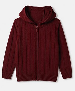 Pine Kids Knit Front Open Full Sleeves Hooded Sweater - Wine