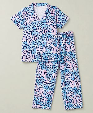 Pine Kids Cotton Knit Half Sleeves Co-Ords Shirt & Pyjama Night Suit with Heart Print - Turquoise