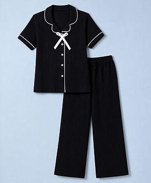 Pine Kids Cotton Knit Half Sleeves Co-Ords Shirt & Pyjama Solid Night Suit with Bow Applique - Black