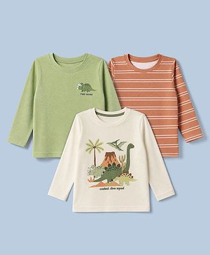 Babyhug 100% Cotton Knit Striped T-Shirts with Full Sleeves and Dinosaur Print Pack of 3 - Green Offwhite & Orange