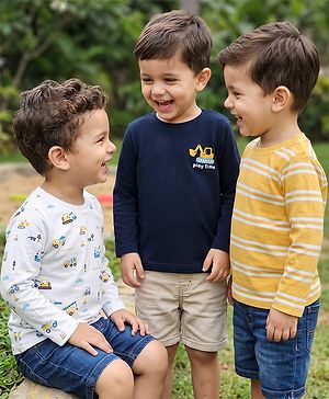 Babyhug 100% Cotton Knit T-Shirts with Full Sleeves and Construction Vehicles Print Pack of 3 - Yellow White Navy Blue