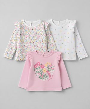 Babyhug 100% Cotton Knit Full Sleeves T-Shirts with Frill Details and Polka Dots Foral Print Pack of 3 - Light Pink White Pink