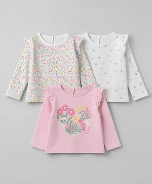 Babyhug 100% Cotton Knit Full Sleeves T-Shirts with Frill Details and Polka Dots Foral Print Pack of 3 - Light Pink White Pink