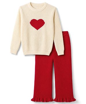 Pine Kids Female Knit Full Sleeves Sweater Set with Heart Design - Off White
