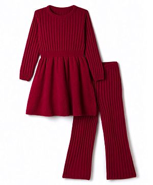 Pine Kids Knit Full Sleeves Solid Sweater Set - Red