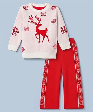 Pine Kids Knit Sweater Set with Full Sleeves and Reindeer Design in Red