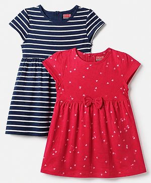 Babyhug Single Jersey Knit Knee Length Frock with Half Sleeves and Striped & Heart Print Pack of 2 Red and Navy Blue