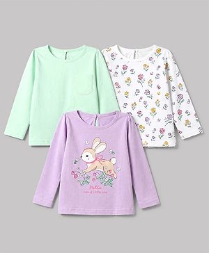 Babyhug 100% Cotton Knit T-Shirts with Full Sleeves and Floral Bunny Print Pack of 3 - Mint Green White Lavender