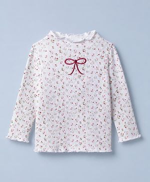 Babyhug Cotton Knit Full Sleeves Winter T-Shirt with Floral Print and Bow Embroidery in White for 6-9 Months