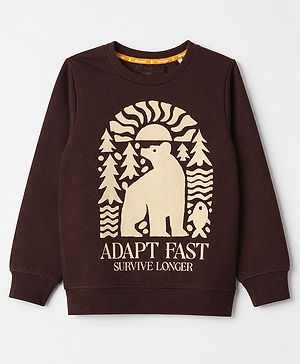 Pine Kids Cotton Mix Knit Sweatshirt with Full Sleeves and Bear Print - Brown