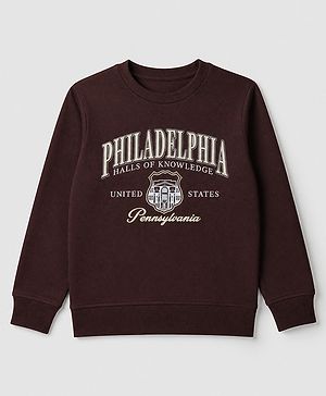Pine Kids Cotton Mix Knit Sweatshirts With Full Sleeves and Philadelphia Text Print - Brown