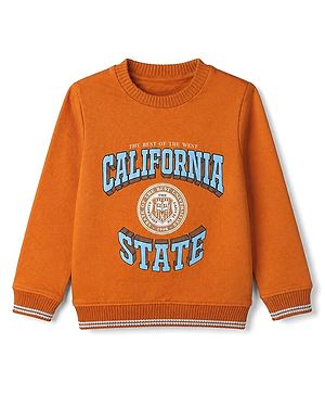 Pine Kids Cotton Mix Knit Sweatshirt with Full Sleeves and California State The Best Of The West Print in Orange