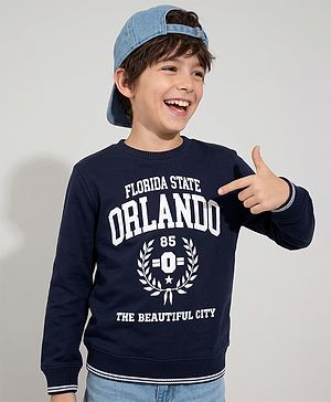 Pine Kids Cotton Mixes Knit Sweatshirt with Full Sleeves and Orlando Typography Print -Navy Blue