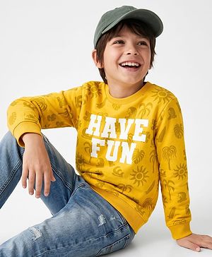 Pine Kids Knit Sweatshirt with Full Sleeves and Have Fun Print in Yellow